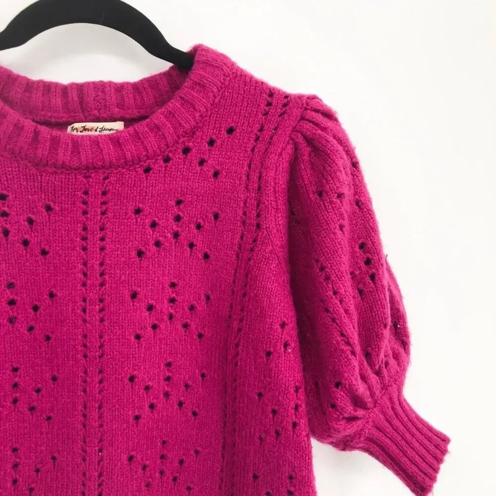 For Love and Lemons Brooke Puff Sleeve Pointelle Knit Sweater Juice Pink MEDIUM